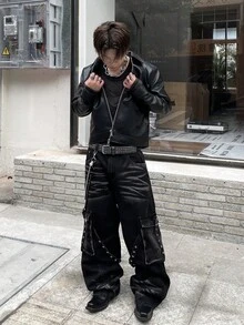 1件复古美式猫须多口袋拼接牛仔裤，时尚工装裤，阔腿裤（不含腰带和配饰） - 黑色 - 查看 9