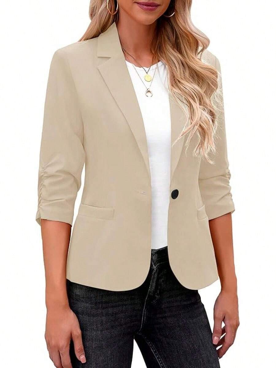 Women's 3/4 Sleeve Blazers, Dressy Suit Jackets Business Casual Work Outfits ELQS - 卡其色 - 查看 1