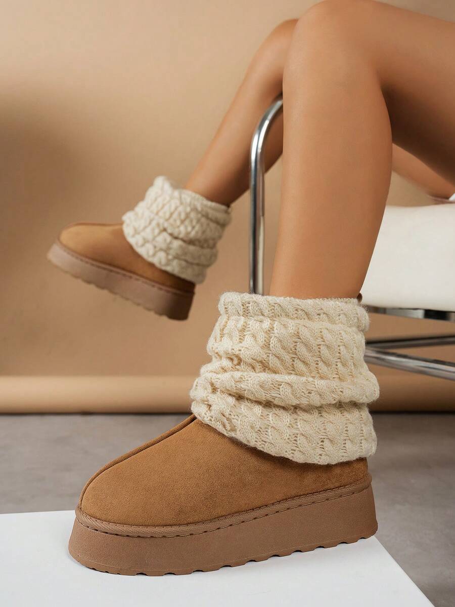 秋冬可爱保暖厚底舒适靴子，时尚百搭毛绒内衬短筒个性修身防滑针织袜雪地靴，毛皮靴 - 咖啡 - 查看 1