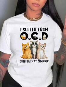 Camiseta gráfica "Sufro de TOC" para hombres y mujeres con gatos de dibujo animado - Casual, de manga corta, cuello redondo, comodidad para todas las estaciones, ropa casual de vacaciones, ropa casual| Diseño Juguetón| Cómodo - Negro - Ver 8