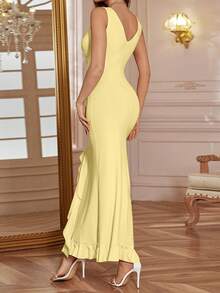 WOWDARK 夏季纯色连衣裙，时尚性感V领荷叶边开衩派对连衣裙，优雅女士长裙，适合情人节、约会、聚会、派对、旅行、度假、海滩等场合。