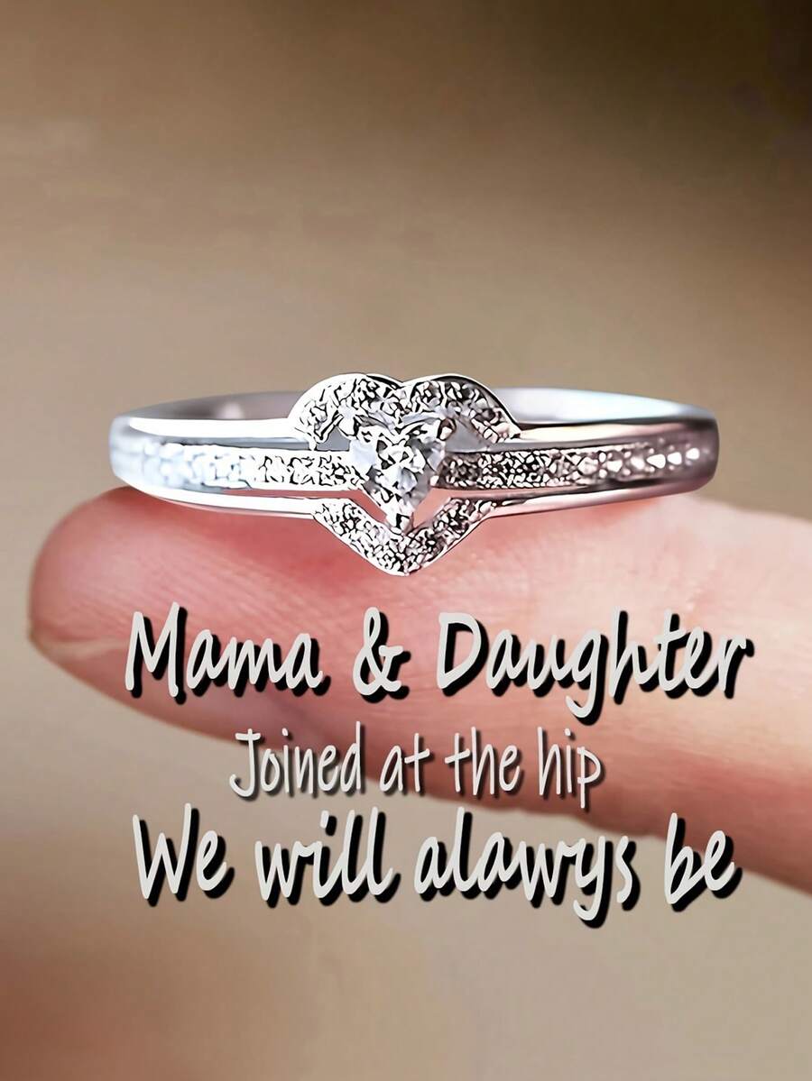 A Ladies' Elegant Double-Layer Heart-Shaped Cubic Zirconia Ring, Valentine's Day Christmas Anniversary Gift, Party And Daily Wear Jewelry, Sparkling Accessories - 銀色 - 查看 1