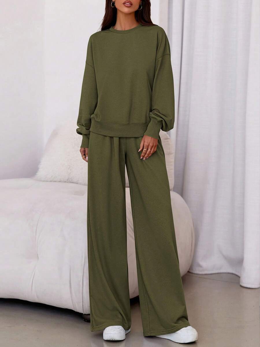 Womens 2 Piece Sets Long Sleeve Sweatshirt Wide Leg Pants Loose Matching Lounge Set  Fall Outfits - Army Green - View 1