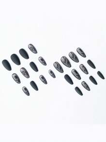 24pcs Almond Shape Acrylic Press On Nails Black,Ombre Color French Tip Roses And Leaves Matt Topcoat Design False Nails Nails Art,Nail Supplies Simple And Elegant Style Fake Nails,False Nails Daily Wear Gel Nail Kit