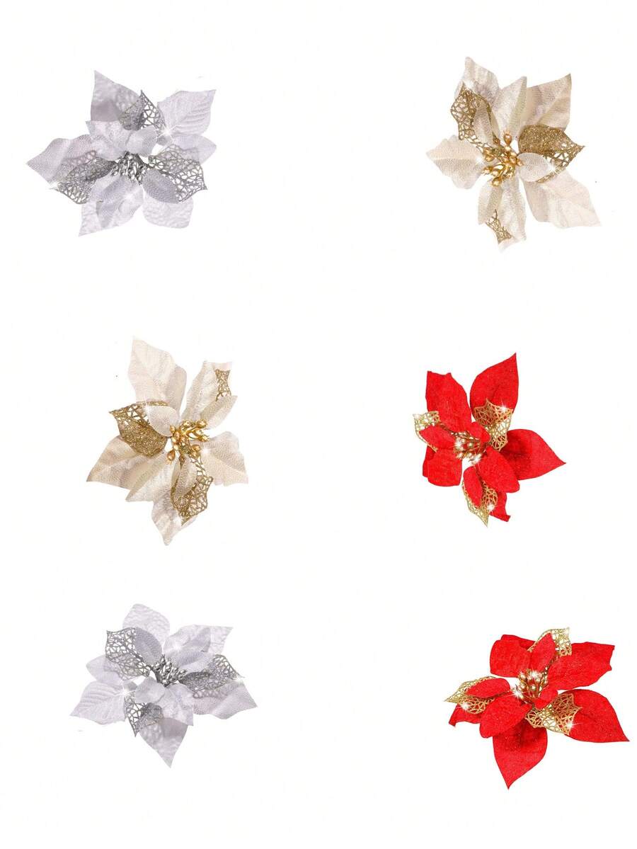 5pcs Christmas Glitter Red Flower Artificial Christmas Tree Ornaments, For Christmas Wedding Wreath Floral Decor - Multicolor - View 1