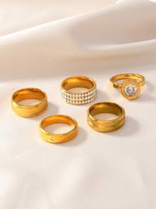 4/5 件精致时尚法式浪漫不锈钢镀18k金双层磨砂戒指双排水钻戒指罗马氧化锆女士金戒指四件套，女士礼物送给女孩的礼物送给妈妈的礼物，适合女性日常佩戴