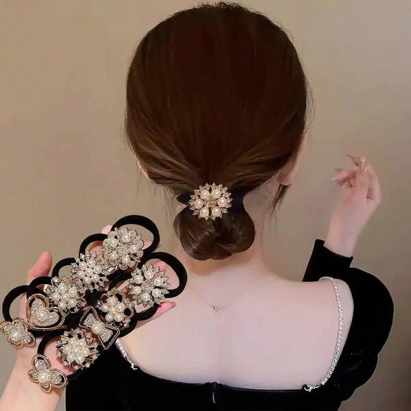 10pcs Rhinestone Decorated Elastic Knitted Hair Scrunchies, Elegant Faux Pearl Hair Ties, Minimalist And Chic Style, Ponytail Holders, Hair Elastics, Hair Rubber Bands, Hair Rope, Elastic Hair Tie, Beautymakeup