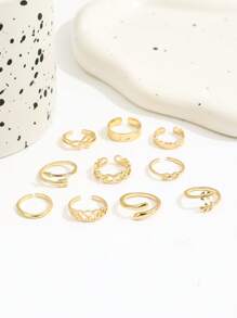 10pcs Cute Bow, Heart, Footprint Print Open Toe Rings, Multi-Element 8 Shape, Leaf, Infinity Symbol Toe Ring Set For Women - Gold - View 2