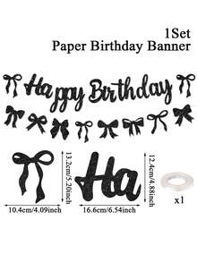 一套黑色蝴蝶结闪亮“生日快乐”横幅，女孩派对背景装饰，生日快乐蝴蝶结花环横幅，闪亮粉色生日快乐蝴蝶结装饰，粉色生日派对用品，一周岁生日派对横幅，新娘送礼会装饰，家居卧室客厅婚礼户外装饰 - 黑色 - 查看 4