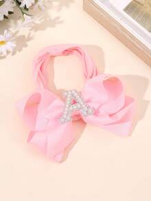 1 pièce Bandeau à nœud large de couleur unie élégante de la lettre A à Z, convient aux filles et aux bébés, serre-tête nœud perle doux, accessoire cheveux en satin, décoration de cheveux à la mode - Rose bonbon - Voir 2