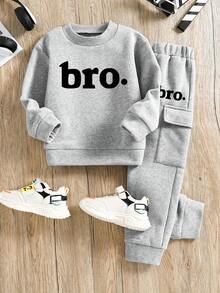 Tween Boy Cartoon Letter Print Crew Neck Sweatshirt And Sweatpants Set - Grey - View 2