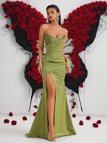 ADYCE Đầm maxi dự tiệc thanh lịch dành cho nữ, không dây vai, đính kim cương, xếp ly, cạp cao, xẻ tà, hở lưng, thắt dây, thích hợp cho dạ hội, tiệc sinh nhật, tiệc tối trang trọng, lễ hội, dự đám cưới, dạ tiệc, họp mặt gia đình và các dịp khác. - xanh quân đội - Xem 7