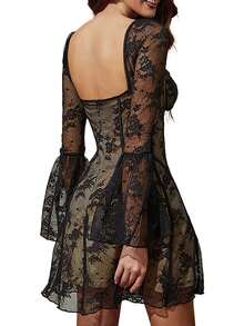 Women's Flare Sleeves Lace Witchy Gothic Dresses A Line Y2K Dress Mesh Sheer Night Out Dresses Floral Lace Bodycon Mini Dress Retro Vintage Dress Halloween Party Costume - 黑色 - 查看 2