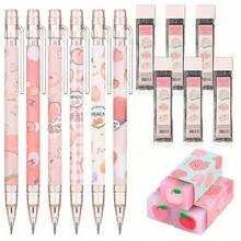 15 Stücke Pfirsich Automatik Bleistift Set, beinhaltet 0,5 mm HB Bleistiftminen und süße saftige Pfirsich Radiergummis - leicht, rosa Themen Design, geeignet für Schule, Skizzieren und Zeichnen, niedliche Automatik Bleistifte, Sommer