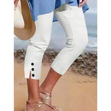 Women'S High-Waisted Capri Leggings - Stretchy, Button-Up, Solid Color, Comfortable & Breathable For Beach Or Casual Wear, Everyday Comfort Wear|Button Detail Design|Breathable Fabri - 白色 - 查看 4