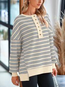 Womens Fall Striped Oversized Sweatshirt Long Sleeve Button Up Henley Neck Waffle Knit Pullover Tunic Tops - Beige Stripes On Light Grey Background - View 6