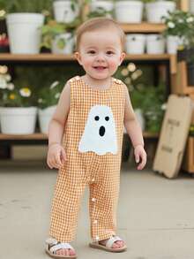 Baby Boy Halloween Clothes, Baby Pumpkin Outfits, Ghost Baby Clothes Boy, Newborn Boy Summer Overalls, Ghost/Pumpkin Embroidered Plaid Crew Neck Sleeveless Jumpsuit For Fall