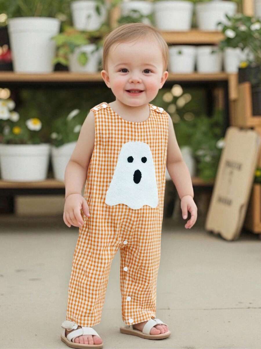 Baby Boy Halloween Clothes, Baby Pumpkin Outfits, Ghost Baby Clothes Boy, Newborn Boy Summer Overalls, Ghost/Pumpkin Embroidered Plaid Crew Neck Sleeveless Jumpsuit For Fall