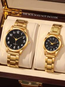 2pcs Fashionable Business Casual Men's And Women's Versatile Round Face Steel Strip Quartz Watch, Couple Gift Set; Suitable For Holidays And Daily Wear By Couples