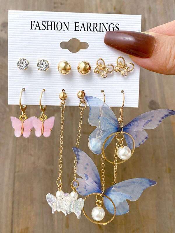 12pcs European & American Fashion Asymmetric Acrylic & Metal Hollow Butterfly Pendant Earrings Set, Party Gift, Daily Wear Jewelry