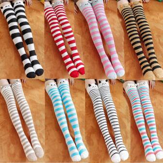 1 Pair Women's Black & White Embroidered Panda Coral Fleece Thigh High Socks, Plush Cute Cartoon Warm Socks, Cozy