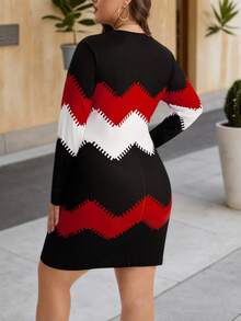 大码女式时尚拼色印花修身连衣裙