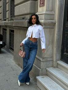 Jeans casuales de moda para mujer con bolsillos, botones y abertura lateral en la pierna ancha - Azul - Ver 2