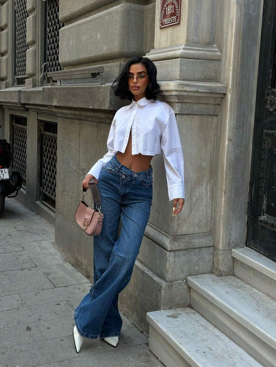 Jeans casuales de moda para mujer con bolsillos, botones y abertura lateral en la pierna ancha
