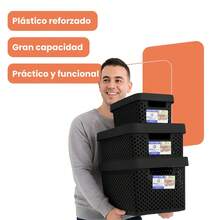 Caja almacenamiento 17 litros con tapa diseño minimalista moderna organizador plástico resistente almacenaje hogar contenedor hermético apilable multiusos para casa oficina - Lila Púrpura - Ver 4