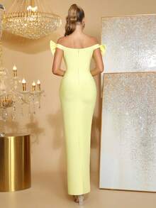 新款女士黄色性感露肩无袖露背蝴蝶结装饰长款绷带连衣裙，优雅女士婚礼伴娘礼服，节日派对正式晚宴礼服 - 黃色 - 查看 6
