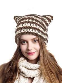 1pc Unisex Hand Knitted Cute Striped Cat Ear Beanie Hat, Autumn Winter Warm Ear Protective Handmade Striped Ski Mask Street Fashion Hip-Hop Couple Headwear - Multicolor - View 5