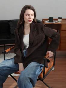 HH Women's White Turn-Down Collar Long Sleeves Lace-Up Blazer - Mocha Brown - View 9