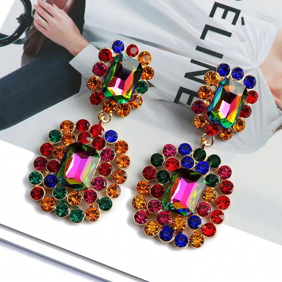 A Pair Of High-Quality Diamond Studded Earrings With Exaggerated Geometric Design, Luxurious Jewelry, Suitable For Birthdays Or Party Gatherings, Suitable For Women's Jewelry Gifts - 彩色的 - 查看 1