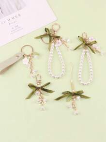1pc Green Ribbon Lanyard, Car Key Chain Pendant, Creative Lily Flower Pearl Chain Pendant, Earphone Case Bag Decor
