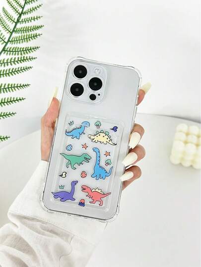 Dinosaur Painted Transparent Card Holder Soft Silicone Full Coverage Anti-Drop Phone Case Compatible With IPhone 16/11/16pro/16plus/16promax/16e/15Promax/13/14/12/XS/XR/7G/8P, Galaxy S25/S25PLUS/S25 Ultra/A16/A36/A26/A56/A50/A12/A32/A52/A72/A51/A21S/A13/A14/S24/S24PLUS/S24Ultra,S22/A52/A53/A54/A55S23/, 11/12Pro/12/12X/13Pro/14Pro/15Pro/, 10/9/Note9/12c/Note11pro/Note8Pro