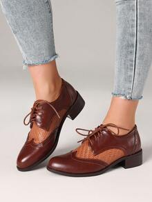 Women's Pointed Toe Lace-Up Brogue Pumps Fashion Mixed Colors Patchwork Block Chunky Heel British Style Flat Oxford Shoes - Nâu B - Xem 1