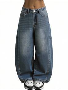 Women's Hip Hop Baggy Jeans Wide Leg Mid-Low Waist Jeans Loose Boyfriends Jeans 90s Vintage Denim Pants - 藍色 - 查看 2