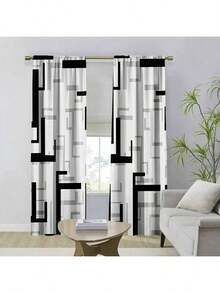 Bộ rèm cửa trang trí in kỹ thuật số đen trắng hình học hiện đại - 2 tấm, rèm cửa sổ riêng tư mỏng nhẹ cho phòng ngủ và phòng khách, vải chải chống phai màu, đầu có túi thanh, polyester, có thể giặt bằng máy, dùng được cho mọi mùa - Nhiều màu - Xem 2