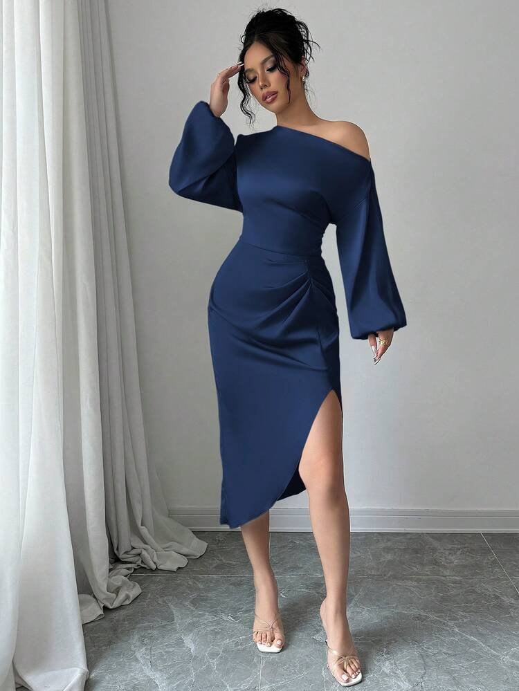 abyoxi Purplish Blue Color Elegant Asymmetrical Neck Long Sleeve Waist Handmade Pleated Sexy Satin Dress,Dating,Party,Simple,Back To School,Fall/Winter Clothes For Women Wedding Spring - Navy Blue - View 5