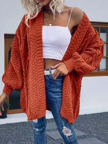 Womens Oversized Open Front Cardigan Sweaters Cable Knit Lantern Sleeve Chunky Knit Coats - Màu Cam san hô - Xem 4