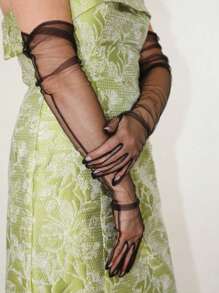 1 双女士纯色薄纱长手套，晚礼服装饰派对手套，新娘手套，婚礼手套，秋季配饰