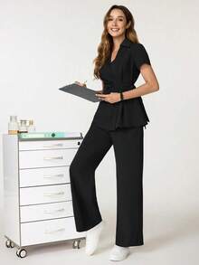 cimmuovere Women's V-Neck Short Sleeve Tie-Front Ruffle & Loose Elastic Waist Pants Scrubs Nurse Scrubs Workwear Dentist Healthcare Pet Hospital Laboratory Uniform Set - Black - View 4