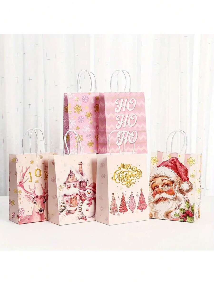 6pcs Pink Paper Gift Bags With Handles, Birthday Party Favor Bags, Decorative Wrapping For Gifts, Suitable For Parties, Holidays, Christmas, Thanksgiving, New Year