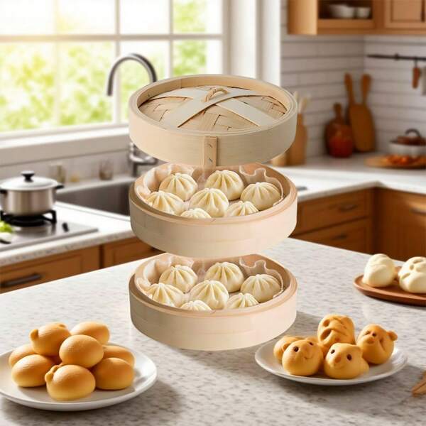 1 Set 8 Inch 2 Tier Bamboo Steamer, Kitchen Tool For Cooking Seafood, With Reusable Steaming Cloth
