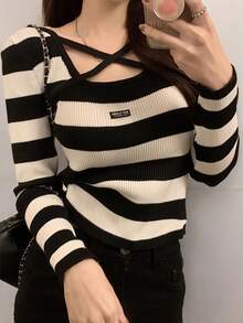 Striped Colorblock Cross-Front Neck Sweater, Stylish Long-Sleeved Sweater For Women, Suitable For Fall And Winter