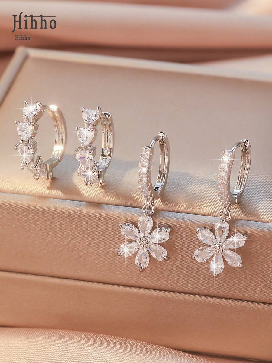 Hihho 2 Cặp bông tai hình hoa Cubic Zirconia lấp lánh với khuyên tai vòng cổ điển, Bộ trang sức thời trang dành cho nữ, Thích hợp để đeo hàng ngày, Lễ hội, Tiệc tùng, Đi chơi, Quà tặng tuyệt vời nhất - Bạc - Xem 1