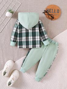 BrownBark 2pcs/Set Boys Casual Outdoor Outfit, Plaid Pocket Hooded Long Sleeve Shirt + Casual Long Pants, Autumn/Winter Children Clothes