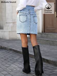 Váy midi denim cạp cao đính nút gợi cảm thanh lịch lãng mạn thường ngày đa năng cho lễ hội âm nhạc mùa hè - Màu xanh lam - Xem 8