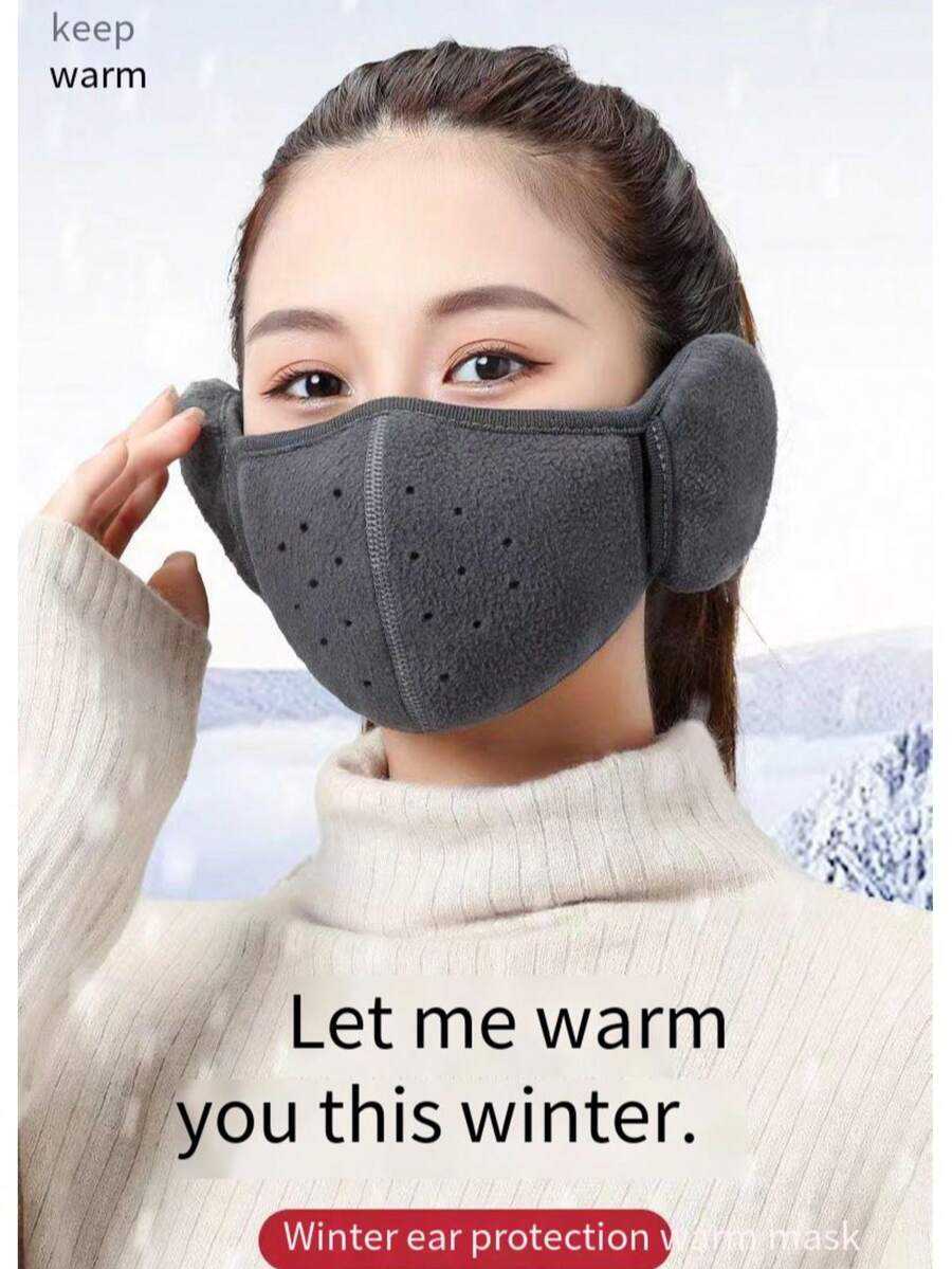 Solid Color Polyester Windproof Face Mask, Warm Thermal-Lined 2-In-1 Ear Protection Mask, Thickened For Autumn/Winter, Suitable For Men And Women Cycling Autumn Outfits Fluffy - A - View 1