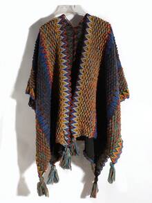 1pc Women's Fashion Multi-Color Wavy Pattern Bohemian Style Knitted Windproof Warm Tassel Shawl Poncho, Suitable For Daily, Travel, Shopping Outings (May Have A Stimulating Odor, Which Is Normal. After Receiving, Can Be Aired Outside) For Dress - Multicolor - View 11